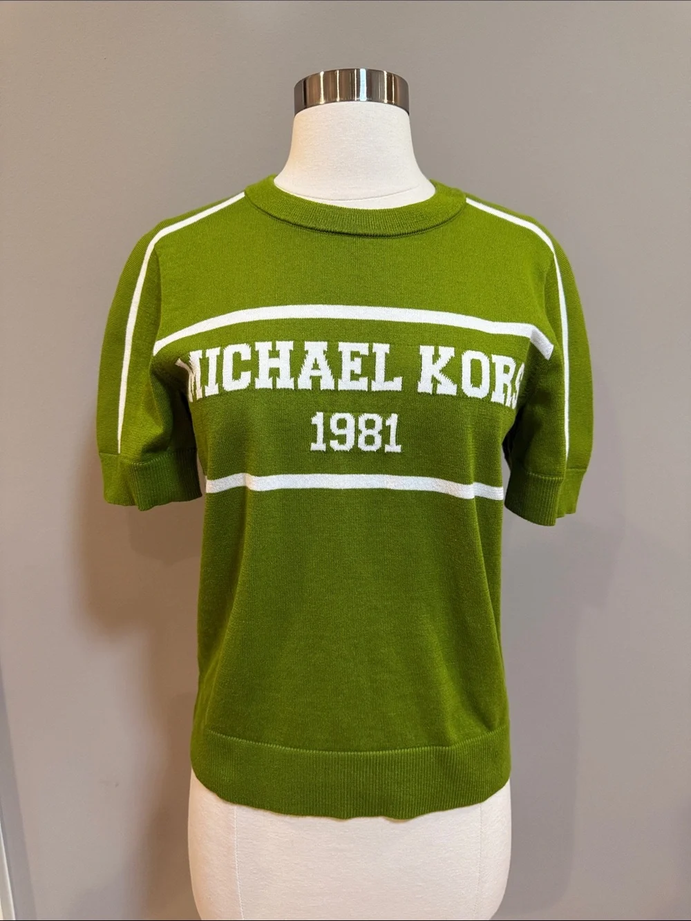 NWT - Michael Kors Green and White Logo Short Sleeve Knit Top